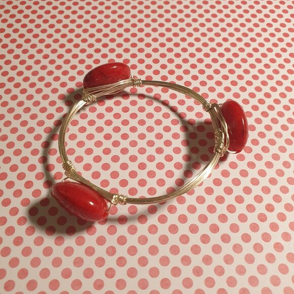 Silver Wire Bangle Bracelet Red Oval Beads Handmade Artisan Vintage Jewelry - Picture 1 of 4